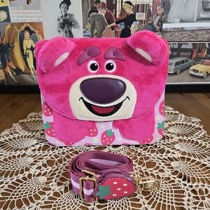 Pink Plush Lotso Bear Adjustable Crossbody Bag with Strawberry Print